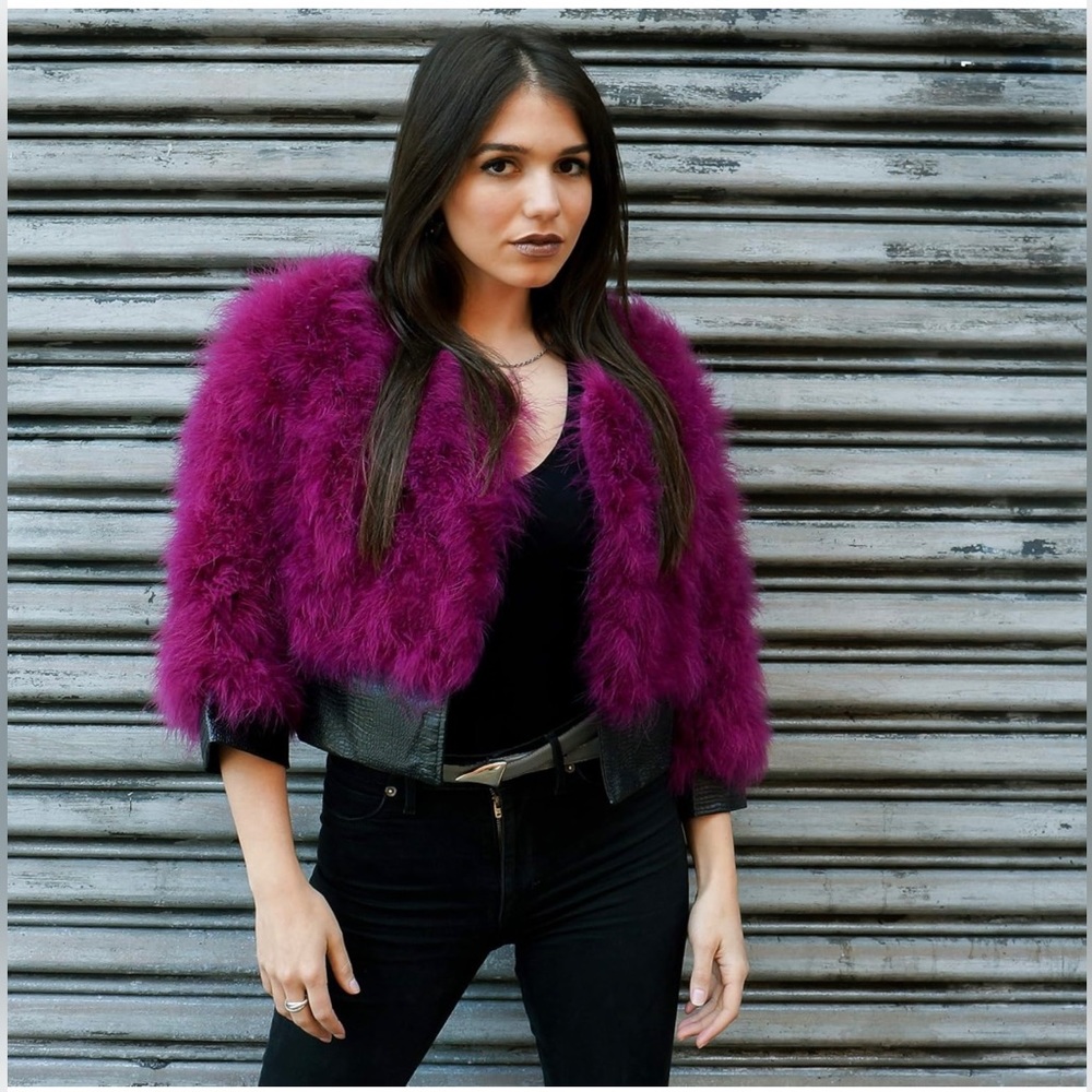 Purple Feather Jacket with Faux Leather Trim - 3/4 Sleeve Vintage Style